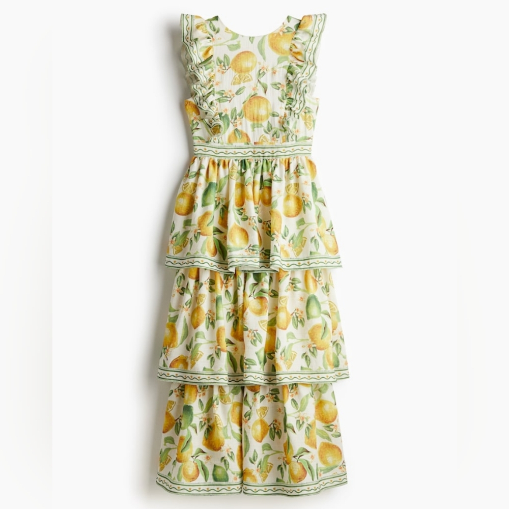 H&M Ruffle-trimmed Maxi Dress Floral White/lemons Sz S Nwt - Picture 10 of 15